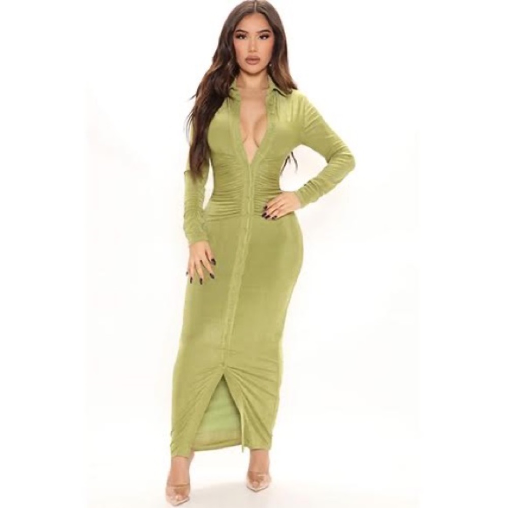 Fashion Nova Silky Smooth Long Sleeve Slinky Dress - Chartreuse